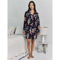 Chelsea Peers Classic Night Shirt With Double Piping, Woven Cotton - Dark Blue