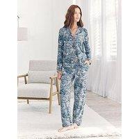 Chelsea Peers Classic Long Button Up Pyjama Set In Polyester - Blue