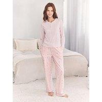 Chelsea Peers Pointelle Long Sleeve Henley Top With Boxer Button Trousers - Pink