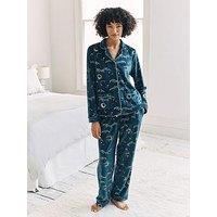 Chelsea Peers Curved Hem Button Up In Foil Velour With Covered Buttons - Green