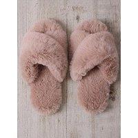 Chelsea Peers Womens Faux Fur Cross Over Slippers - Pink