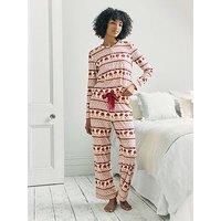 Chelsea Peers Ladies Christmas Long Sleeve Pyjama Set With Straight Leg Bottoms - White