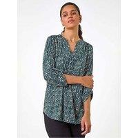 Roman Textured Abstract Print V-Neck Stretch Shirt - Khaki
