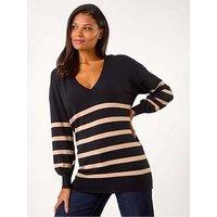 Roman Stripe V-Neck Boyfriend Knit Jumper - Black