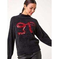 Roman Festive Sequin Bow Knit Jumper - Black