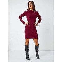 Roman Button Detail Roll Neck Jumper Dress - Wine