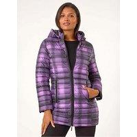 Roman Check Print Quilted Puffer Coat - Purple
