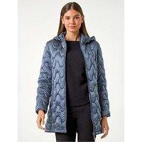 Roman Wave Quilted Puffer Hooded Coat - Steel Blue