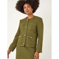 Roman Collarless Boucle Button Jacket - Olive