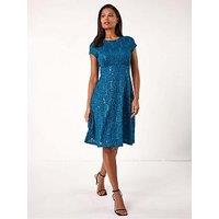 Roman Sequin Fluted Hem Lace Stretch Dress - Teal