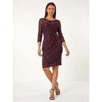 Roman Sequin Lace Ruched Stretch Dress - Wine
