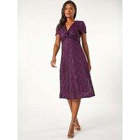 Roman Sequin Lace Twist Front Midi Dress - Purple