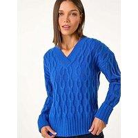 Roman V-Neck Cable Knit Jumper - Royal Blue