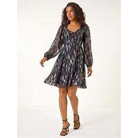 Roman Foil Print Tie Front Fit & Flare Dress - Black