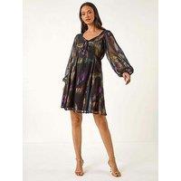 Roman Dusk Foil Print Tie Dress - Black