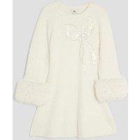 River Island Older Girls Fur Cuff Sequin Bow Skater Dress - Cream