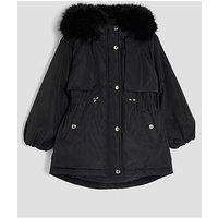 River Island Older Girls Faux Fur Hooded Coat - Black