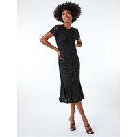 Roman Leaf Lace Sequin Midi Dress - Black