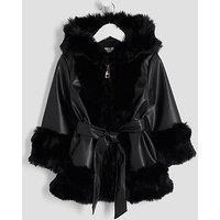River Island Mini Girls Faux Fur Wrap Hooded Coat - Black