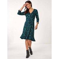 Roman Wave Print Side Button Stretch Dress - Teal