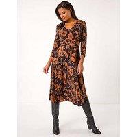 Roman Leaf Print Wrap Midi Dress - Tan