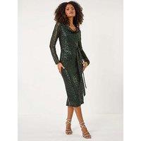 Roman Dusk Sequin Cowl Neck Pencil Stretch Dress - Dark Green