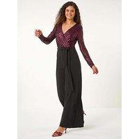 Roman Sequin Wrap V-Neck Stretch Jumpsuit - Magenta