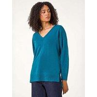 Roman Soft V-Neck Side Split Knit Sweater - Teal