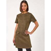 Roman Suedette Button Shift Stretch Dress - Khaki