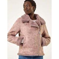 Roman Contrast Aviator Fur Coat - Light Pink