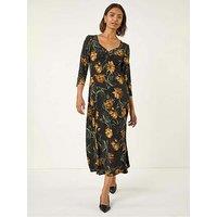 Roman Floral Print Ruched Stretch Midi Dress - Yellow