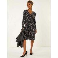 Roman Floral Print Twist Front Midi Dress - Black