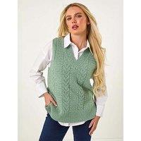Roman Petite V-Neck Cable Knit Sleeveless Vest - Sage