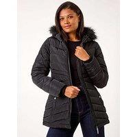 Roman Faux Fur Hooded Quilt Coat - Black