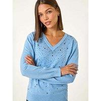 Roman V-Neck Sparkle Hotfix Knit Jumper - Blue