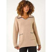 Roman Blanket Stitch Collared Jumper - Biscuit