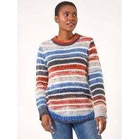 Roman Fluffy Striped Curve Hem Jumper - Denim