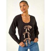Roman Animal Tie Front Knit Cardigan - Black