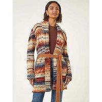 Roman Jacquard Knit Belted Cardigan - Brown