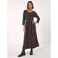 Roman Scattered Floral Print Midi Dress - Black