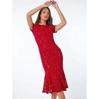 Roman Leaf Lace Sequin Midi Dress - Red