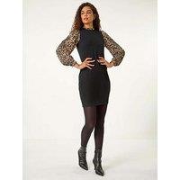 Roman Animal Contrast Stretch Knitted Dress - Beige