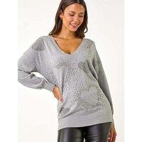 Roman V-Neck Heart Hotfix Detail Jumper - Light Grey