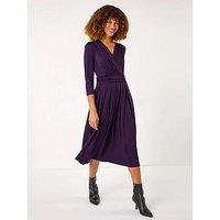 Roman Mock Wrap V-Neck Stretch Midi Dress - Purple