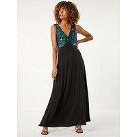 Roman Contrast Sequin Bodice Maxi Dress - Green