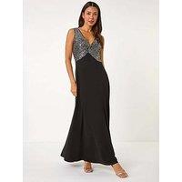 Roman Contrast Sequin Bodice Maxi Dress - Silver