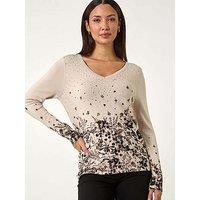 Roman Floral Hotfix V-Neck Knit Jumper - Biscuit
