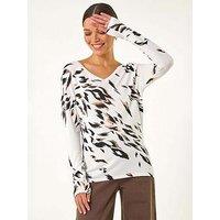 Roman V-Neck Animal Print Knit Jumper - Beige