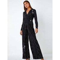 Roman Embellished Wide Leg Stretch Jumpsuit - Black