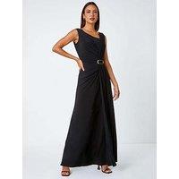 Roman Draped Buckle Detail Maxi Dress - Black
